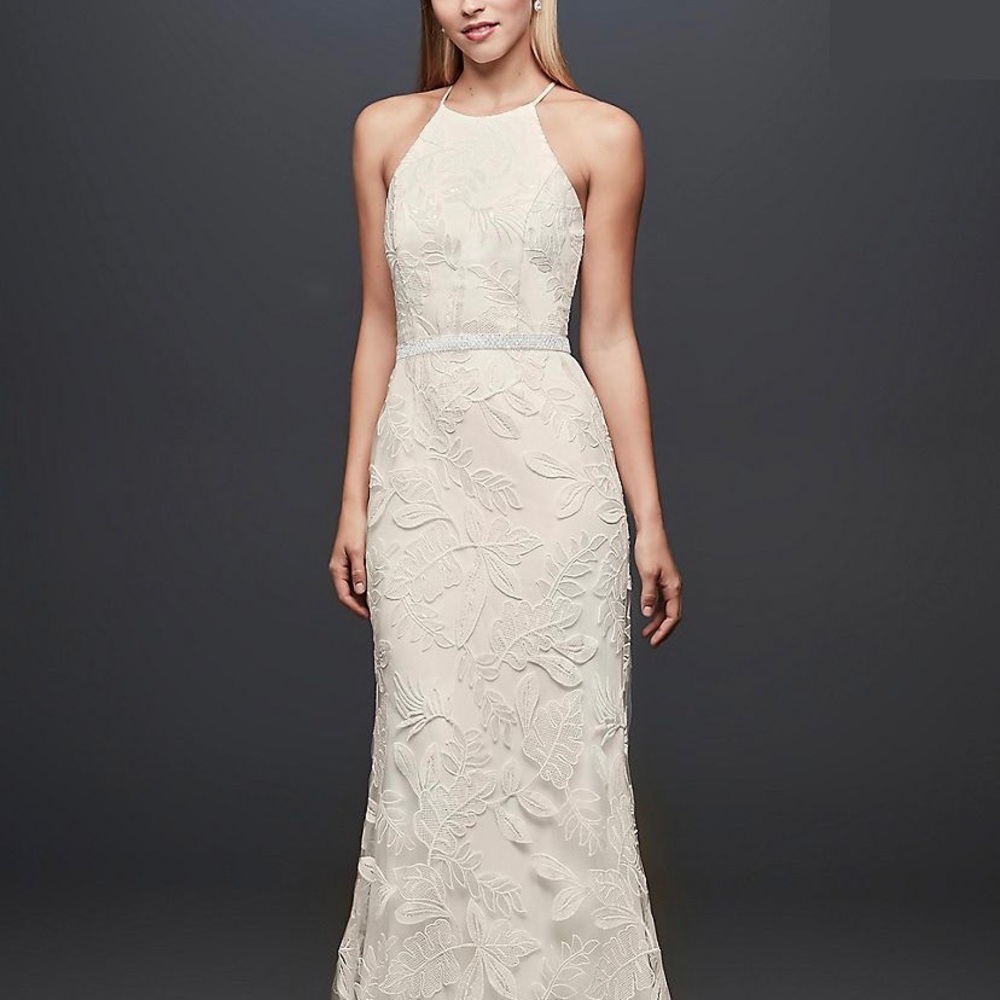 NWT DB Studio Sequin Leaf-Appliqued High Neck Sheath Wedding Gown